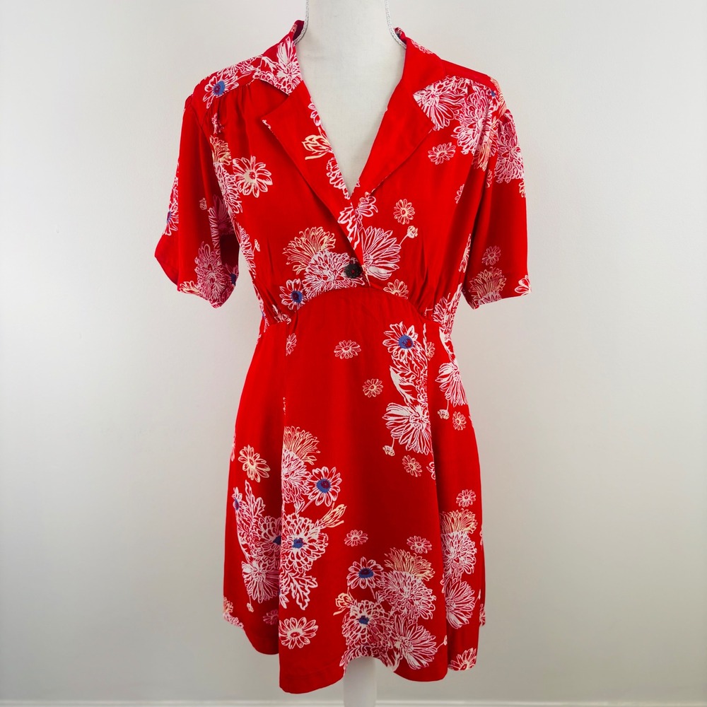 Free People Blue Hawaii Red Floral Print Mini Dress Bohemian Side Pockets Small - Picture 2 of 11